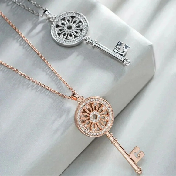 Silver Diamond Flower Key Pendant Necklace - Picture 3 of 5
